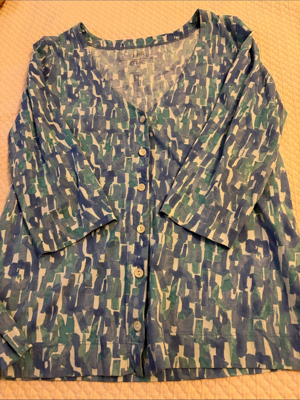 J. Jill Blue and Teal Printed Pima Cotton Cardigan